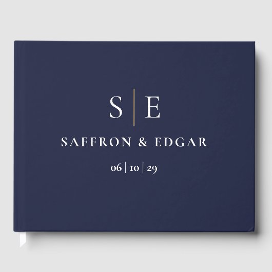 Navy Blue en Gold Monogram Weddenschap Gastenboek (Voorkant)