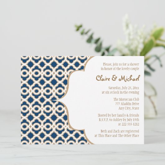 Navy Blue en Gold Moroccan Couples Wedding Shower Kaart (Staand voorkant)