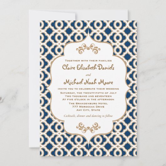 Navy Blue en Gold Moroccan Wedding Invitations Kaart (Voorkant)