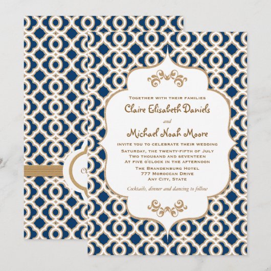 Navy Blue en Gold Moroccan Wedding Invitations Kaart (Voorkant / Achterkant)
