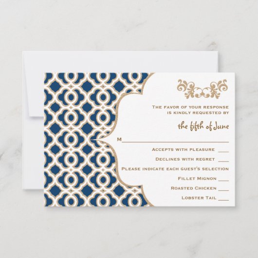 Navy Blue en Gold Moroccan Wedding Response Cards RSVP Kaartje (Voorkant)