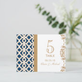 Navy Blue en Gold Moroccan Wedding Table Number Briefkaart (Staand voorkant)