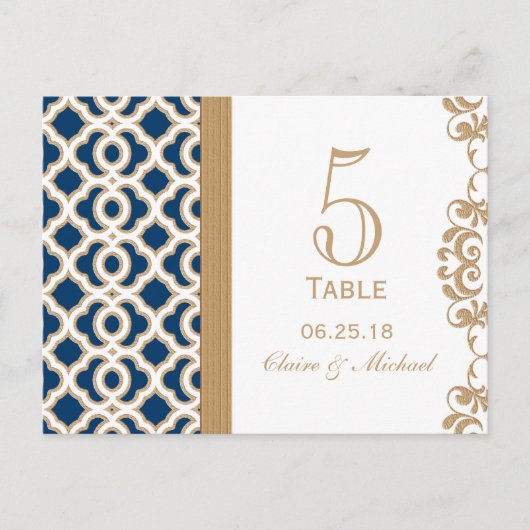 Navy Blue en Gold Moroccan Wedding Table Number Briefkaart (Voorkant)