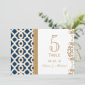 Navy Blue en Gold Moroccan Wedding Table Number Kaart (Staand voorkant)