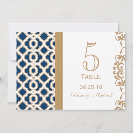 Navy Blue en Gold Moroccan Wedding Table Number Kaart (Achterkant)