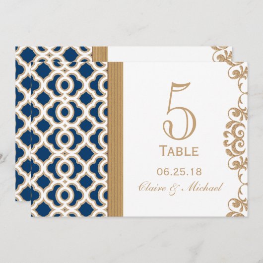 Navy Blue en Gold Moroccan Wedding Table Number Kaart (Voorkant / Achterkant)