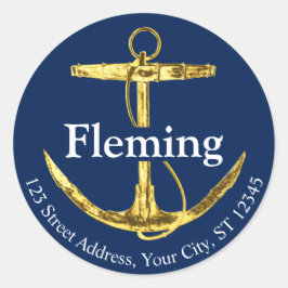 Navy Blue en Gold Nautical Anchor Wedding Ronde Sticker
