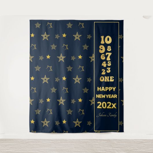Navy Blue en Gold New Years Eve Countdown Party Wandkleed (Voorkant)