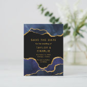 Navy Blue en Gold Painted Agate Save the Date Pos Briefkaart (Staand voorkant)