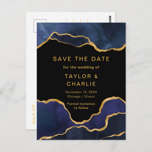 Navy Blue en Gold Painted Agate Save the Date Pos Briefkaart (Voorkant / Achterkant)