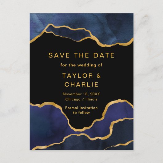 Navy Blue en Gold Painted Agate Save the Date Pos Briefkaart (Voorkant)