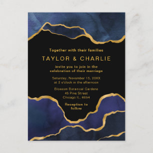 Navy Blue en Gold Painted Agate Wedding Briefkaart