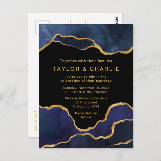 Navy Blue en Gold Painted Agate Wedding Briefkaart (Voorkant / Achterkant)