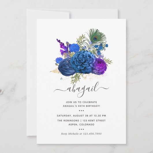 Navy Blue en Gold  Peacock Floral Birthday Kaart (Voorkant)