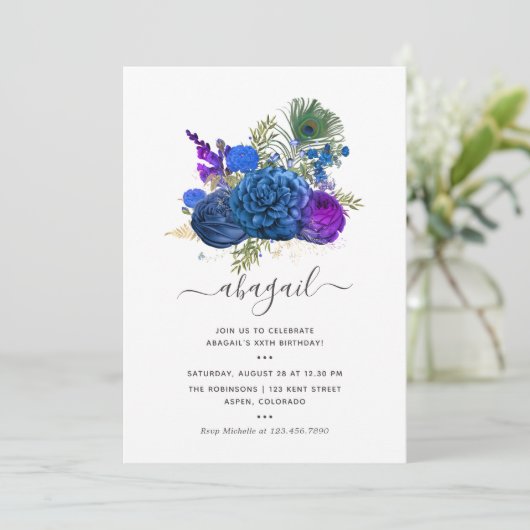 Navy Blue en Gold  Peacock Floral Birthday Kaart (Staand voorkant)