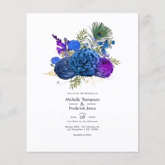 Navy Blue en Gold  Peacock Floral Wedding Flyer (Voorkant)