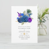 Navy Blue en Gold Peacock Floral Wedding Kaart (Staand voorkant)