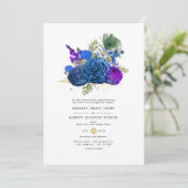 Navy Blue en Gold  Peacock Floral Wedding Kaart (Staand voorkant)
