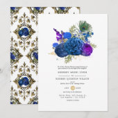 Navy Blue en Gold Peacock Floral Wedding Kaart (Voorkant / Achterkant)