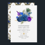Navy Blue en Gold  Peacock Floral Wedding Kaart<br><div class="desc">Elegant  marine en royal blue rozen bruiloft uitnodiging met accenten van paars in een barokke pauw-thema dat aanpasbaar is aan uw evenement.</div>