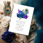 Navy Blue en Gold  Peacock Floral Wedding Kaart<br><div class="desc">Elegant  marine en royal blue rozen bruiloft uitnodiging met accenten van paars in een barokke pauw-thema dat aanpasbaar is aan uw evenement.</div>