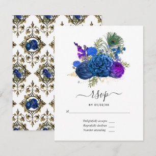 Navy Blue en Gold  Peacock RSVP Kaartje