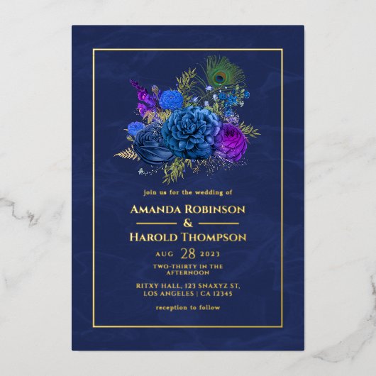 Navy Blue en Gold Peacock Wedding Folie Uitnodiging (Voorkant)