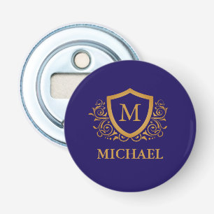 Navy Blue en Gold Personalized Monogram Name Button Flesopener