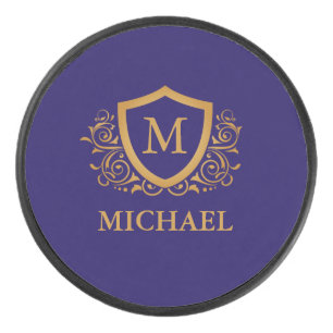 Navy Blue en Gold Personalized Monogram Name Hockey Puck