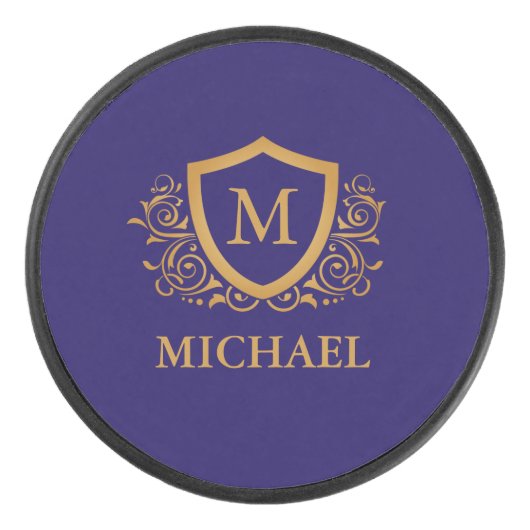 Navy Blue en Gold Personalized Monogram Name Hockey Puck (Voorkant)