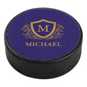 Navy Blue en Gold Personalized Monogram Name Hockey Puck (3/4)