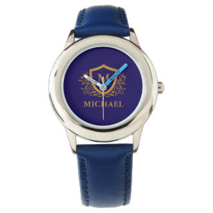 Navy Blue en Gold Personalized Monogram Name Horloge