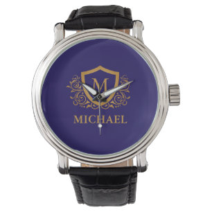 Navy Blue en Gold Personalized Monogram Name Horloge