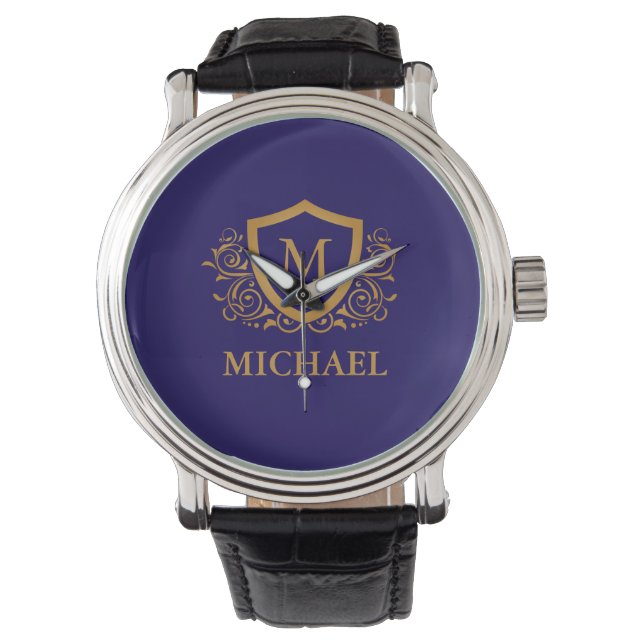 Navy Blue en Gold Personalized Monogram Name Horloge (Voorkant)