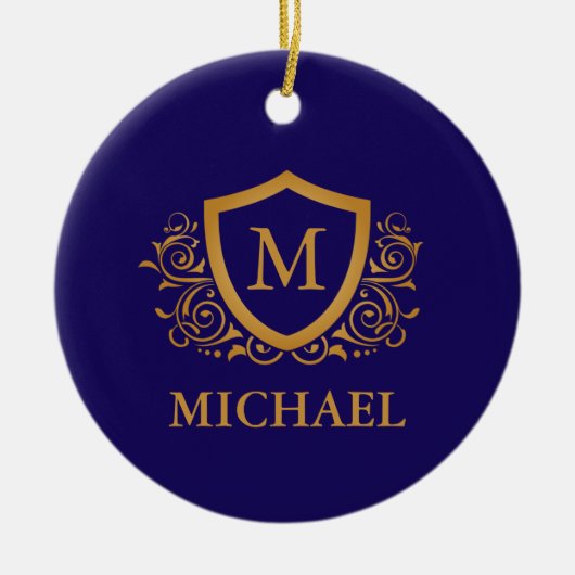 Navy Blue en Gold Personalized Monogram Name Keramisch Ornament (Voorkant)