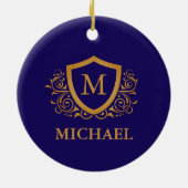 Navy Blue en Gold Personalized Monogram Name Keramisch Ornament (Achterkant)