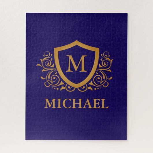 Navy Blue en Gold Personalized Monogram Name Legpuzzel (Verticaal)