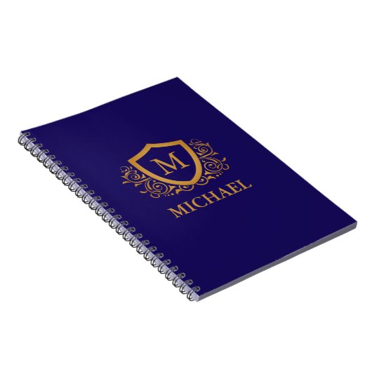 Navy Blue en Gold Personalized Monogram Name Notitieboek (Rechterzijde)