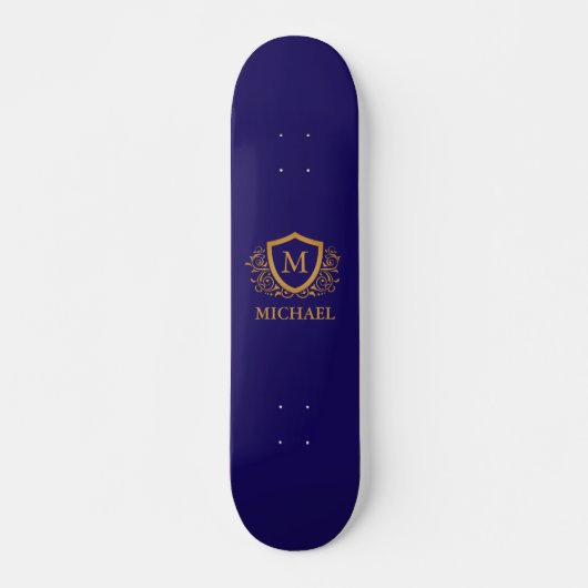 Navy Blue en Gold Personalized Monogram Name Persoonlijk Skateboard (Voorkant)