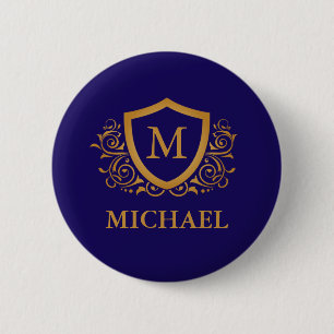 Navy Blue en Gold Personalized Monogram Name Ronde Button 5,7 Cm