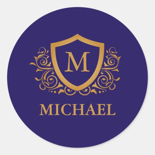 Navy Blue en Gold Personalized Monogram Name Ronde Sticker (Voorkant)