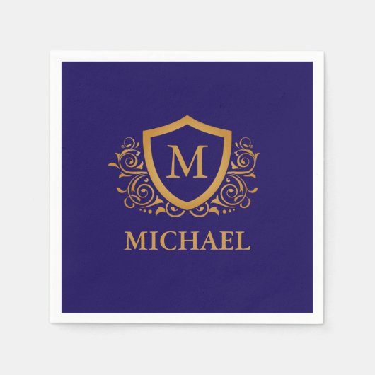 Navy Blue en Gold Personalized Monogram Name Servet (Voorkant)