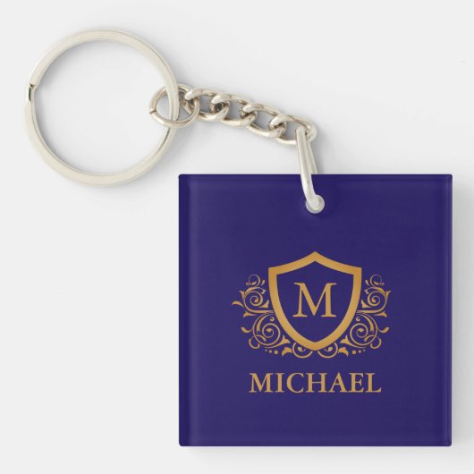 Navy Blue en Gold Personalized Monogram Name Sleutelhanger (Voorkant)