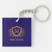 Navy Blue en Gold Personalized Monogram Name Sleutelhanger (Achterkant)