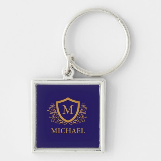 Navy Blue en Gold Personalized Monogram Name Sleutelhanger (Voorkant)