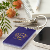 Navy Blue en Gold Personalized Monogram Name Sleutelhanger (Voorkant Rechts)