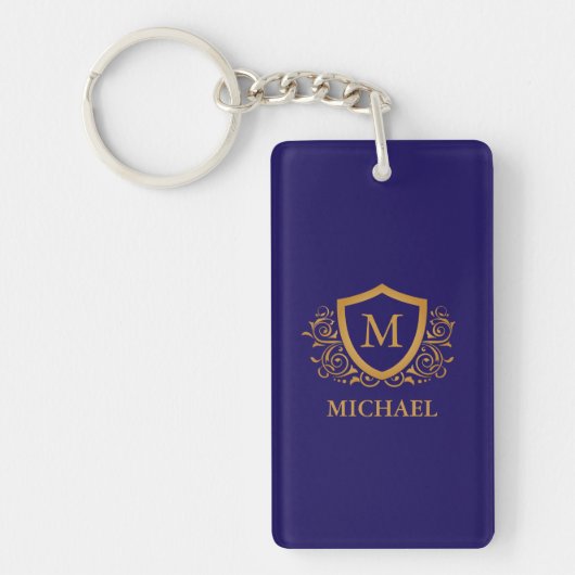 Navy Blue en Gold Personalized Monogram Name Sleutelhanger (Voorkant)