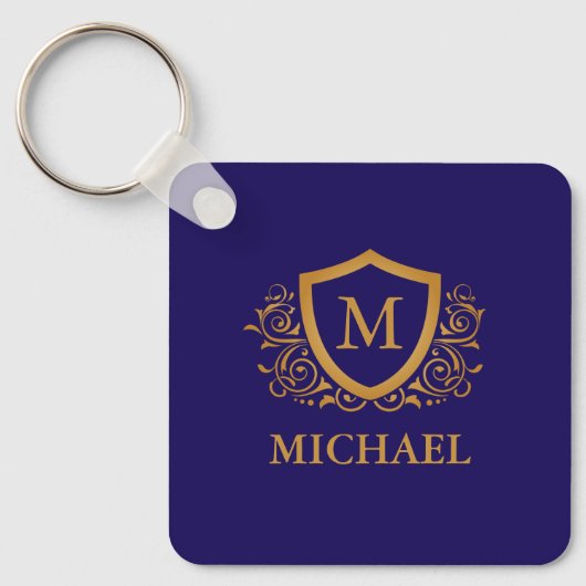 Navy Blue en Gold Personalized Monogram Name Sleutelhanger (Voorkant)