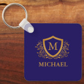 Navy Blue en Gold Personalized Monogram Name Sleutelhanger (Voorkant)