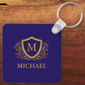 Navy Blue en Gold Personalized Monogram Name Sleutelhanger (Achterkant)